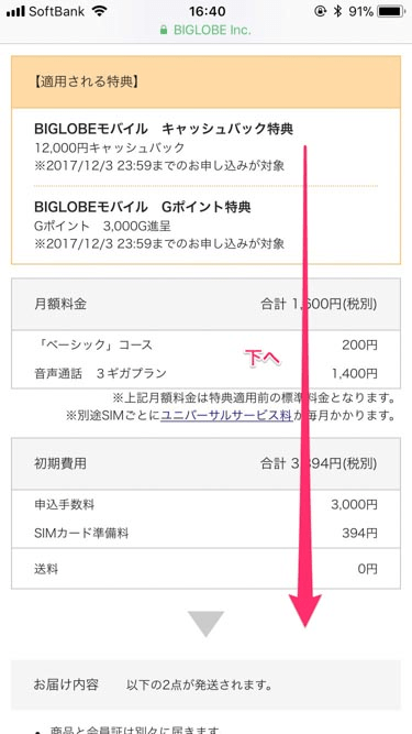 BIGLOBEモバイルキャンペーン確認、費用確認の画像